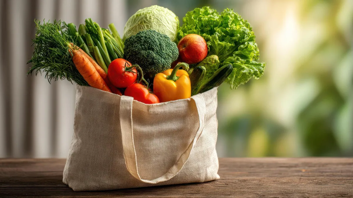 Un sac de courses rempli de légumes frais sur une table de cuisine
