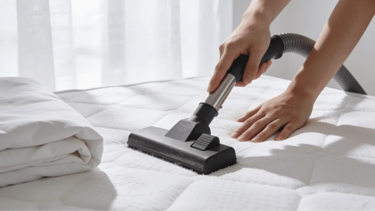 Une main passe l&rsquo;aspirateur sur un matelas blanc