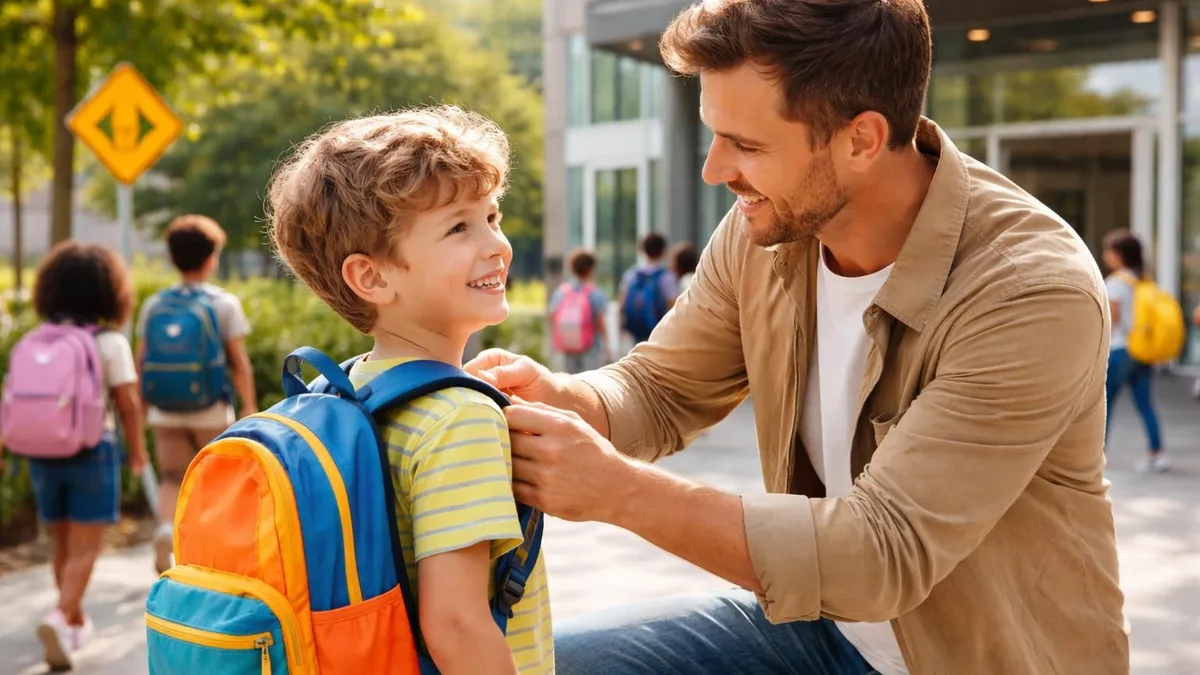 Des parents accompagnent leurs enfants avec des cartables, allusion à l&rsquo;allocation de rentrée scolaire