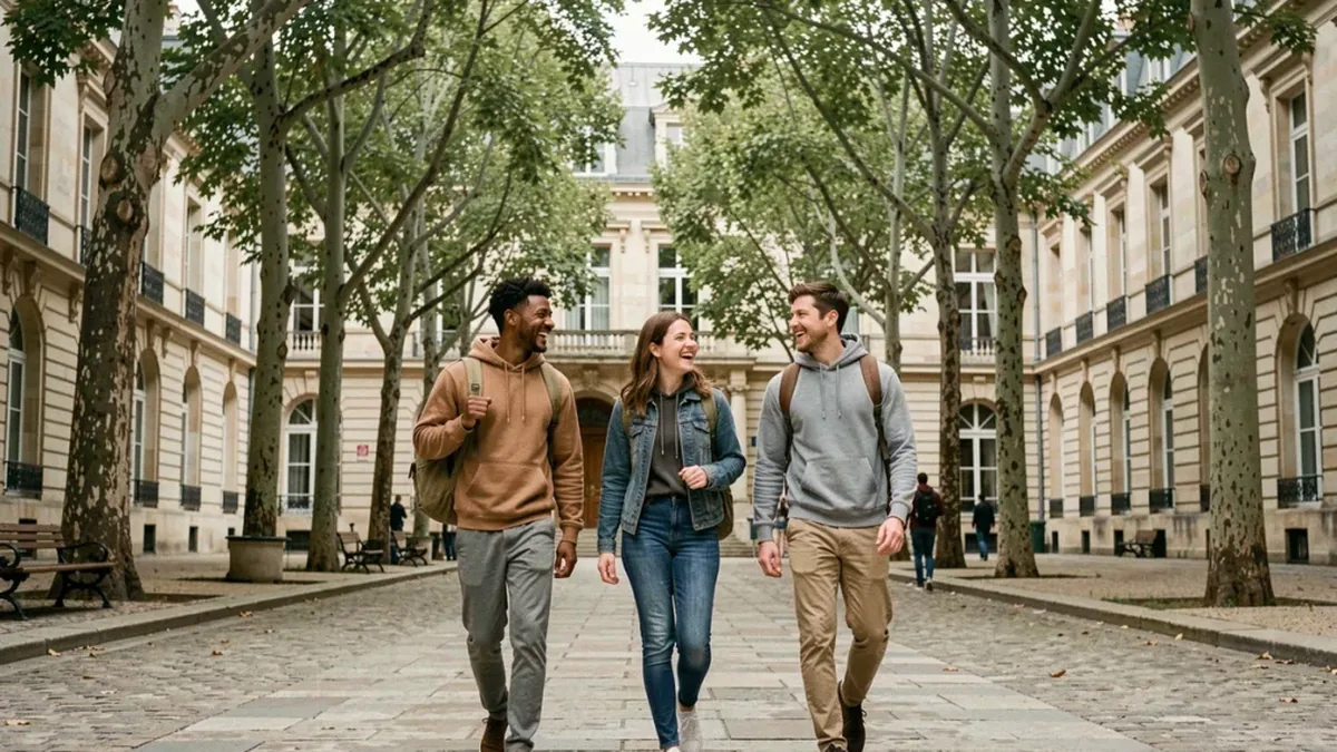 Des étudiants traversent un campus universitaire français