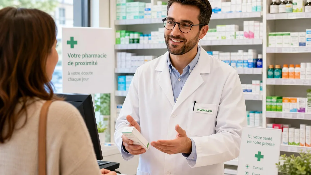 Un pharmacien conseille une patiente au comptoir de sa pharmacie
