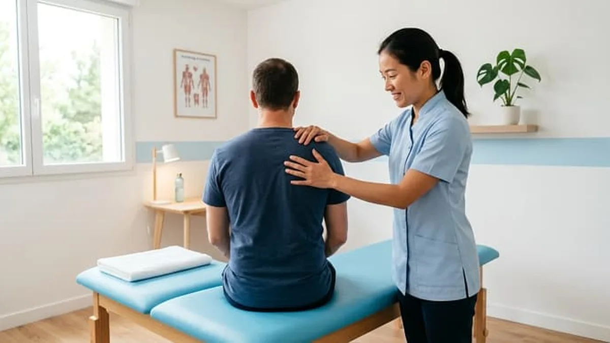 Un kinésithérapeute accueille un patient dans son cabinet pour un rendez-vous de prévention