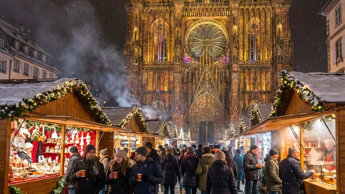 Le marché de Noël de Strasbourg illuminé au pied de la cathédrale