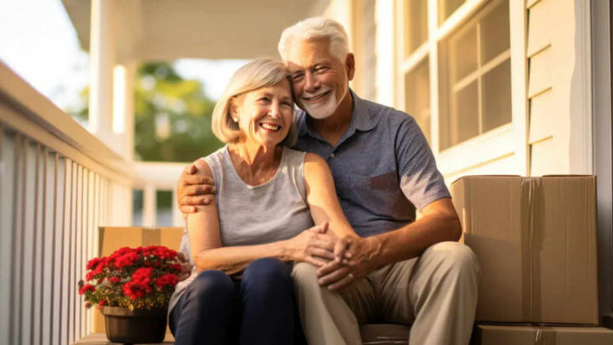 Couple de retraités devant leur maison