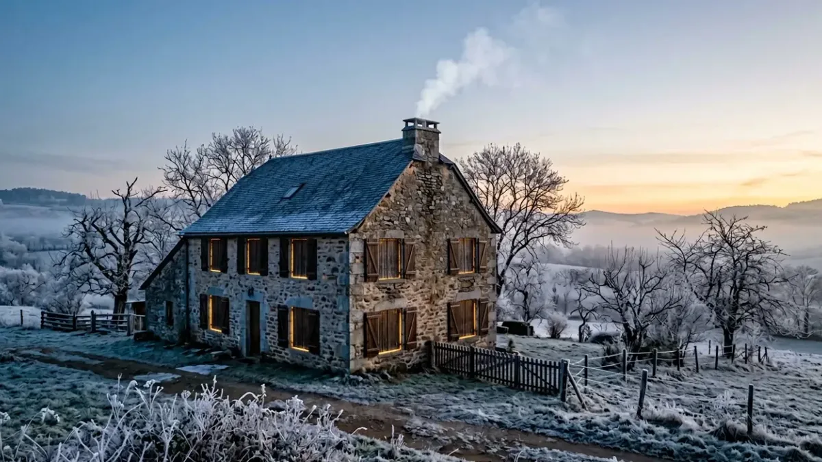 Une maison de campagne sous le givre au petit matin