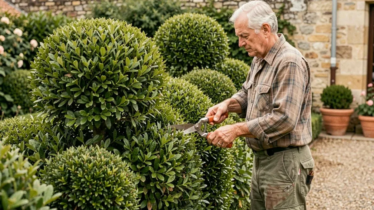 Un jardinier taille une haie dans un jardin