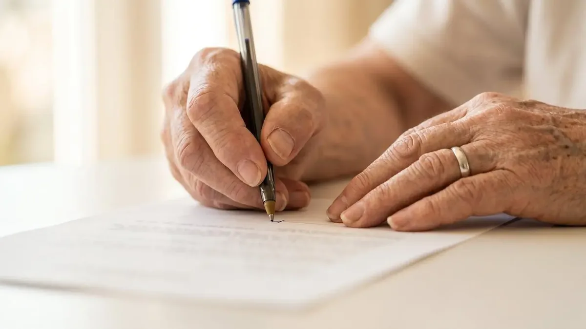 Des mains âgées signant un document de retraite