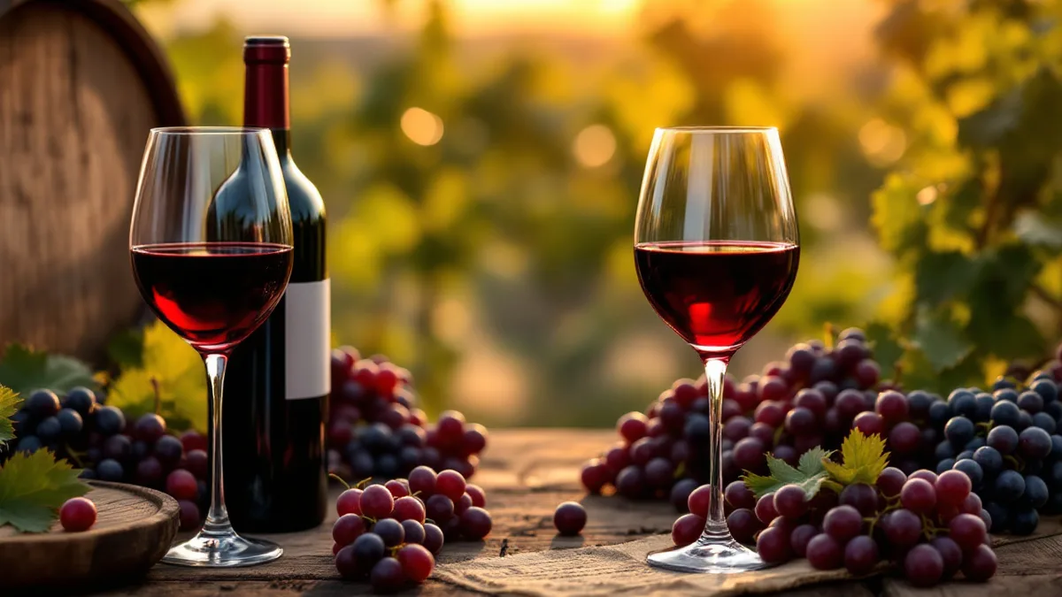 Deux verres de vin rouge et une bouteille sur une table au coucher du soleil