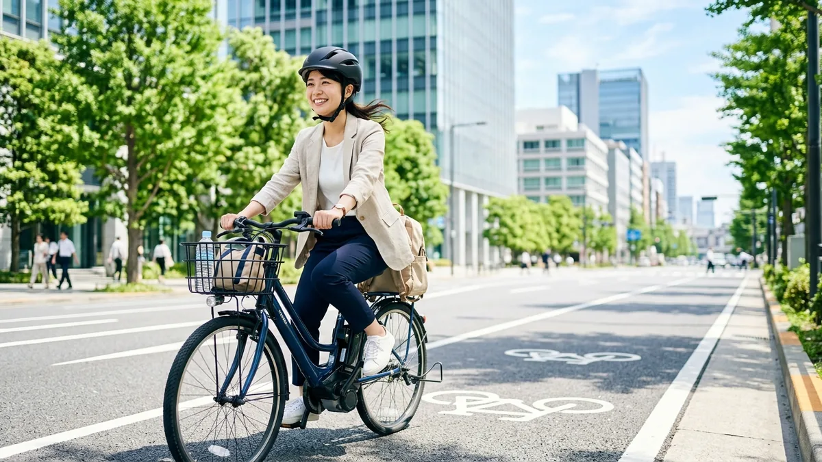 Une femme à vélo électrique en ville le matin