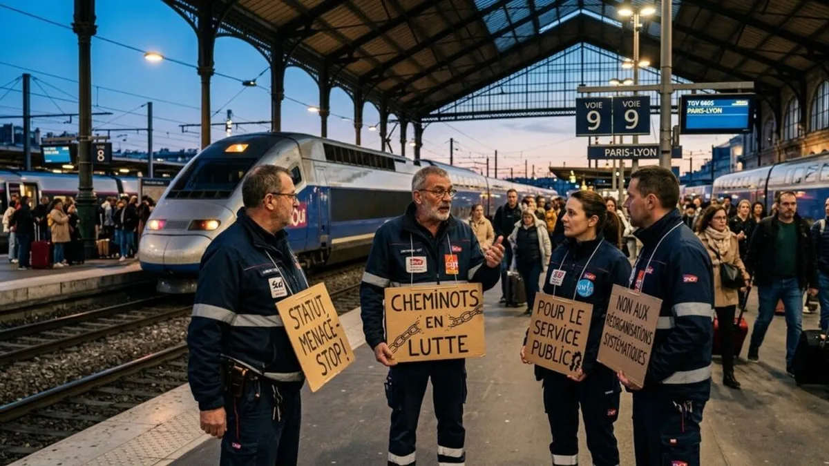 Des cheminots en grève sur un quai de gare en France