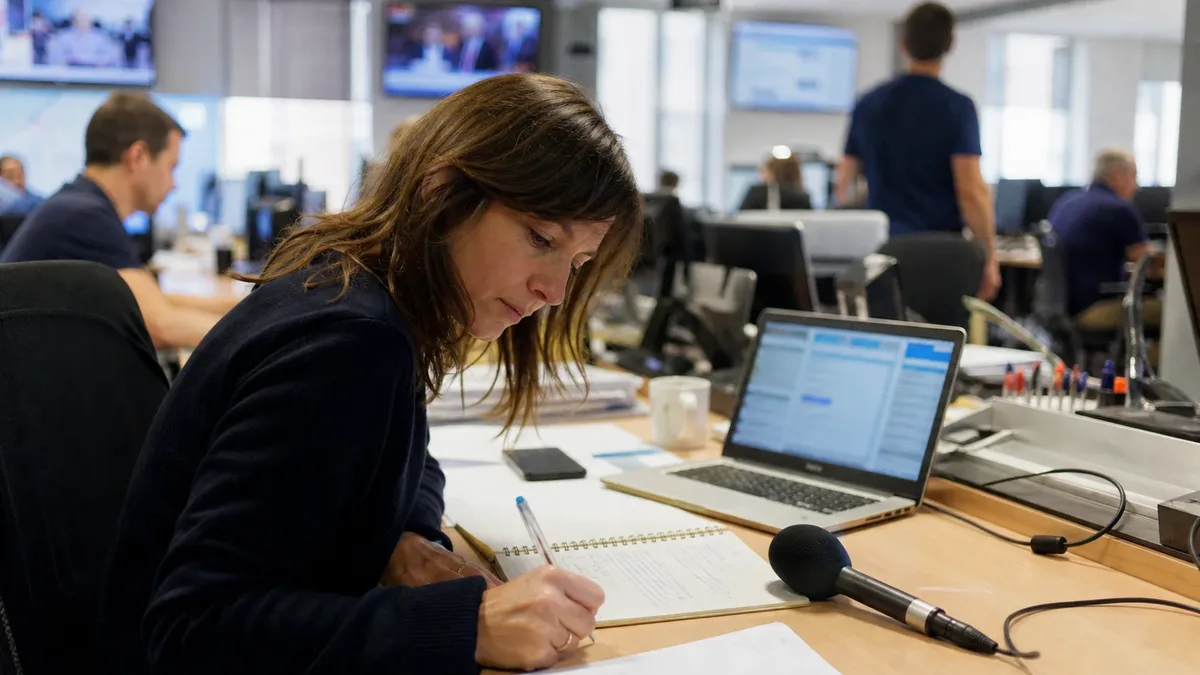 Une journaliste au travail dans une rédaction