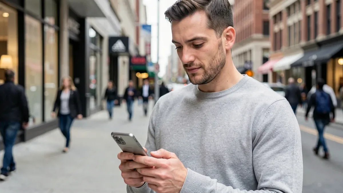 Un passant consulte son téléphone dans une rue de ville