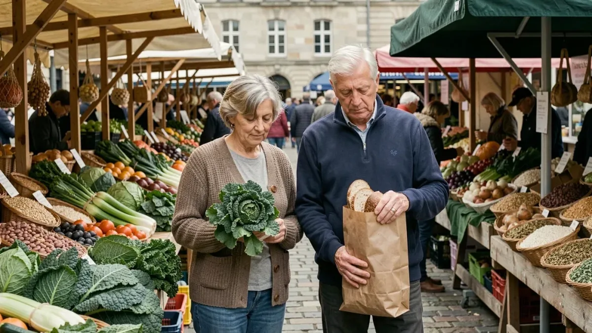 Un couple de retraités fait ses courses au marché