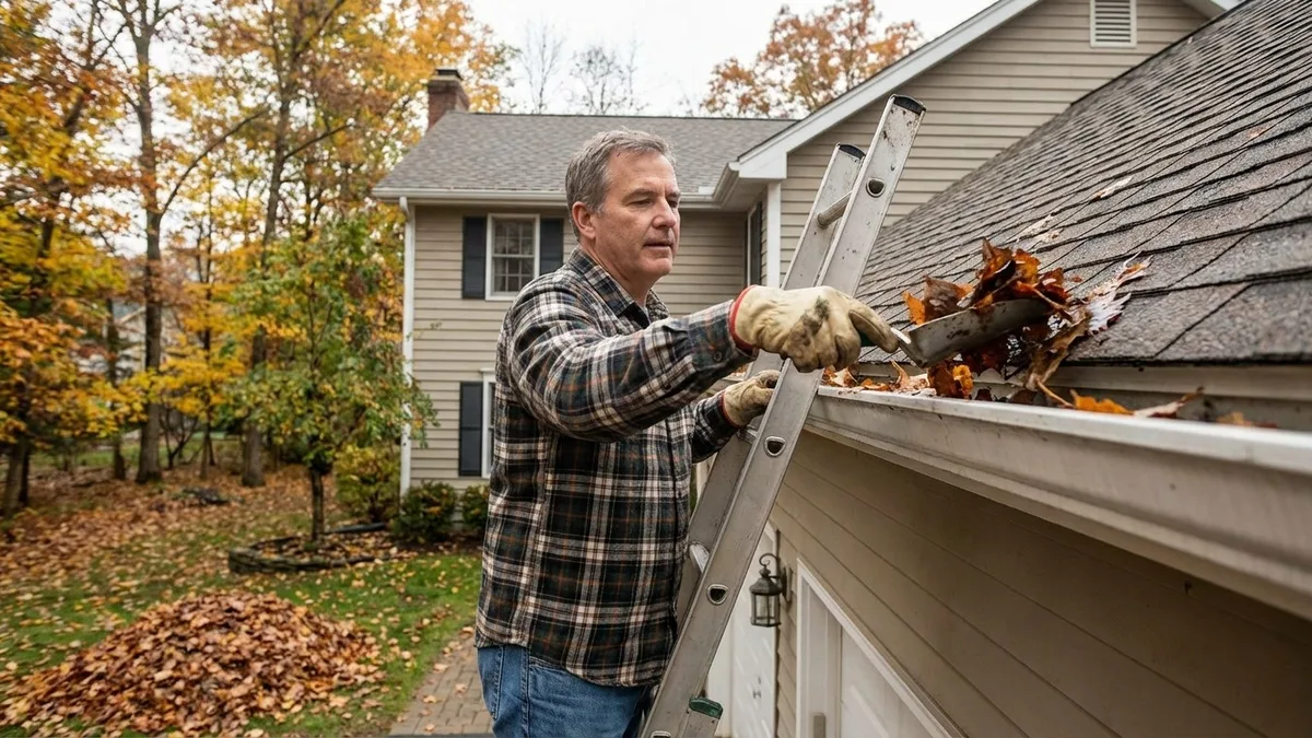 Un homme retire les feuilles mortes d&rsquo;une gouttière à l&rsquo;automne