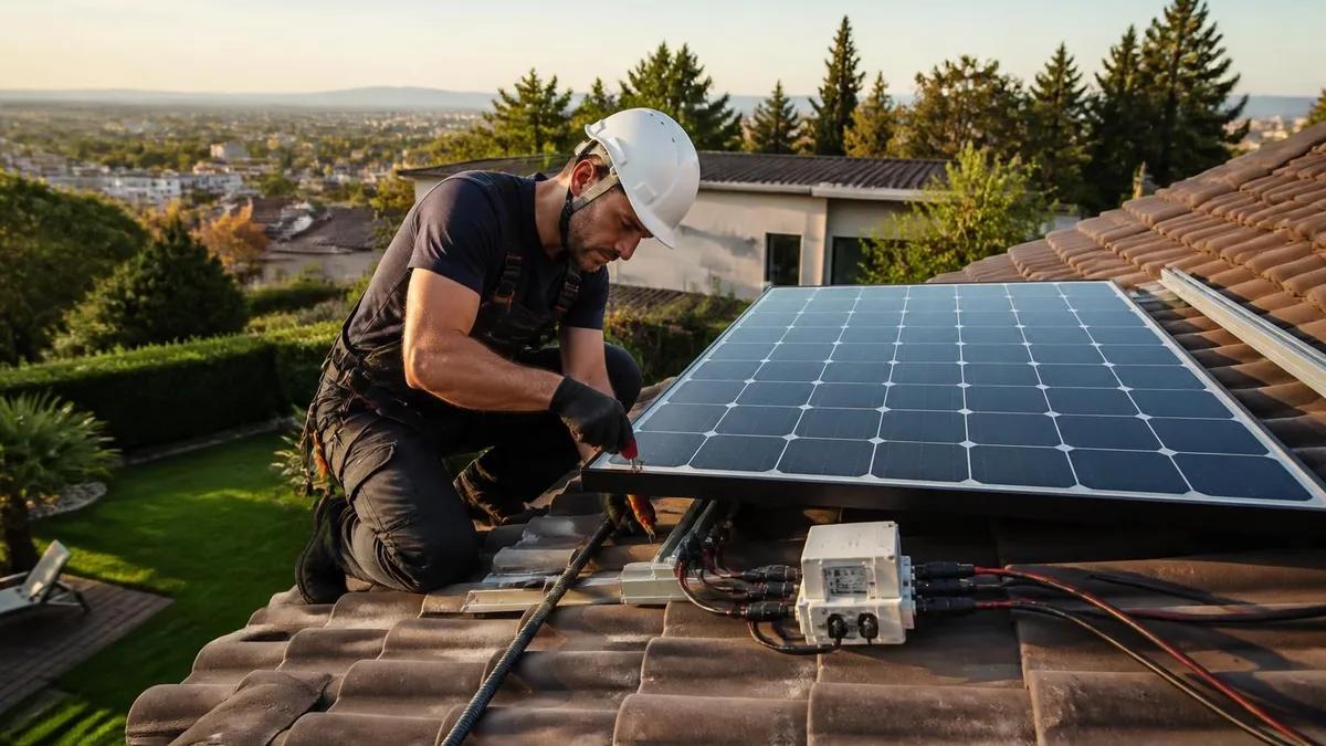 Technicien installant un panneau solaire sur un toit en tuiles