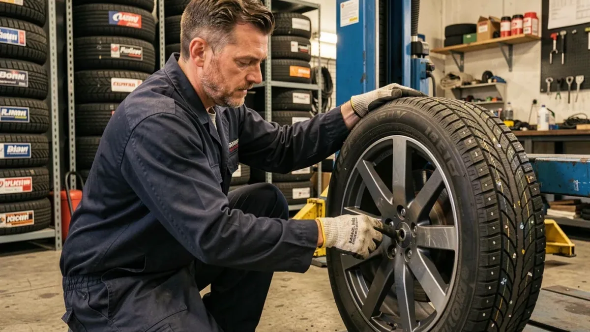 Un technicien monte un pneu hiver dans un garage