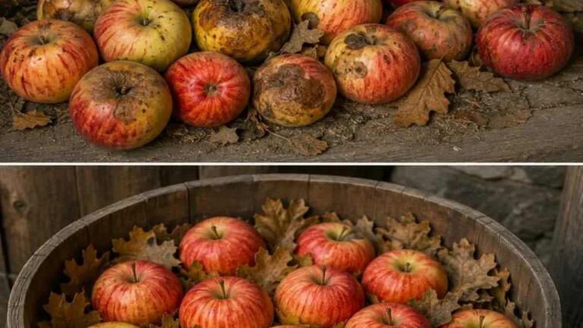 En haut, des pommes abîmées à écarter ; en bas, une réserve saine dans un tonneau