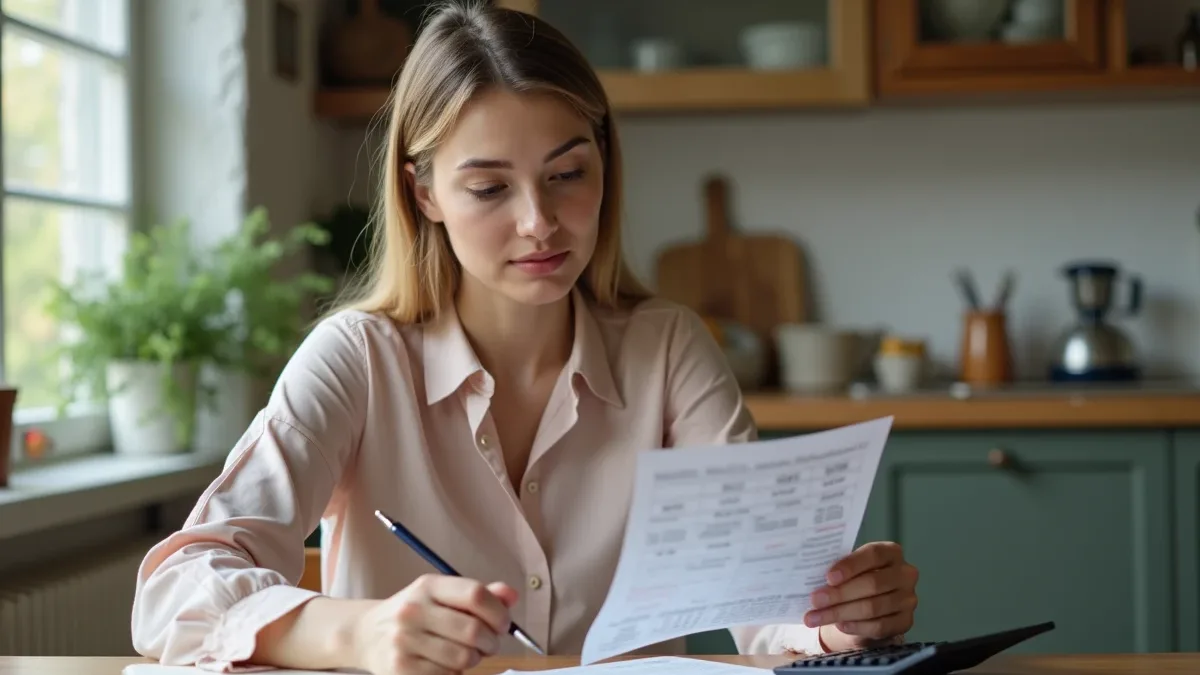 Une femme vérifie ses factures à la table de la cuisine, calculatrice à la main