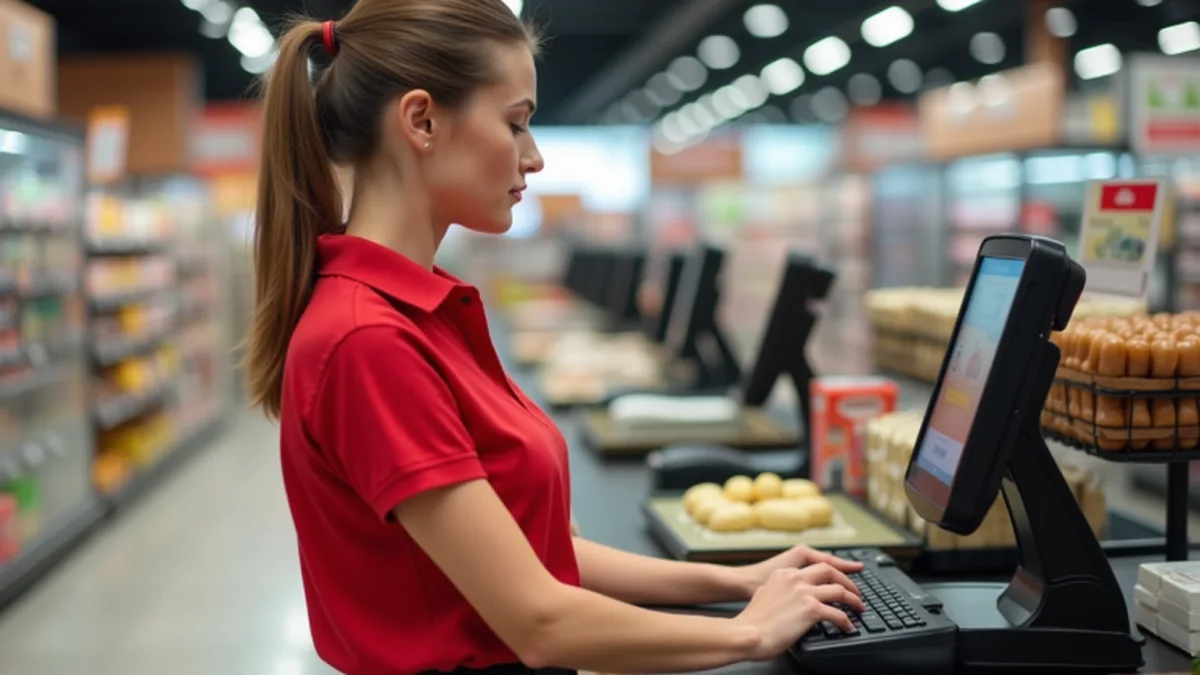 Une caissière à son poste en supermarché