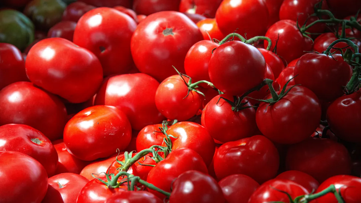 Tomates fraîches sur un étal de marché