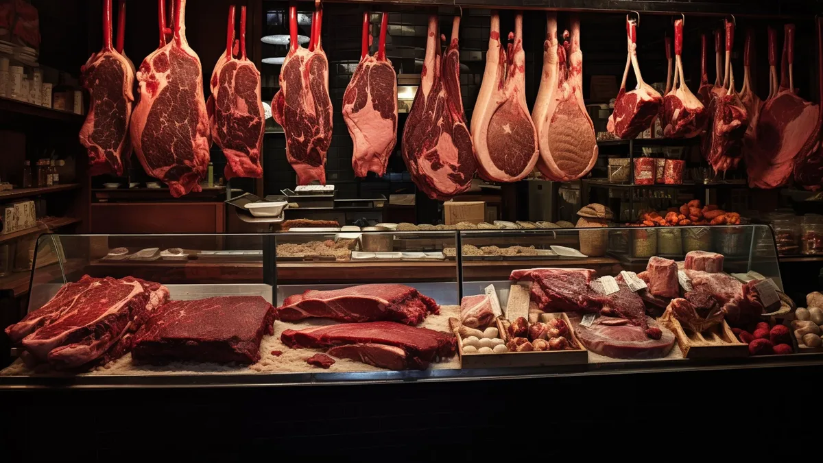 Étal de boucherie avec viandes de bœuf