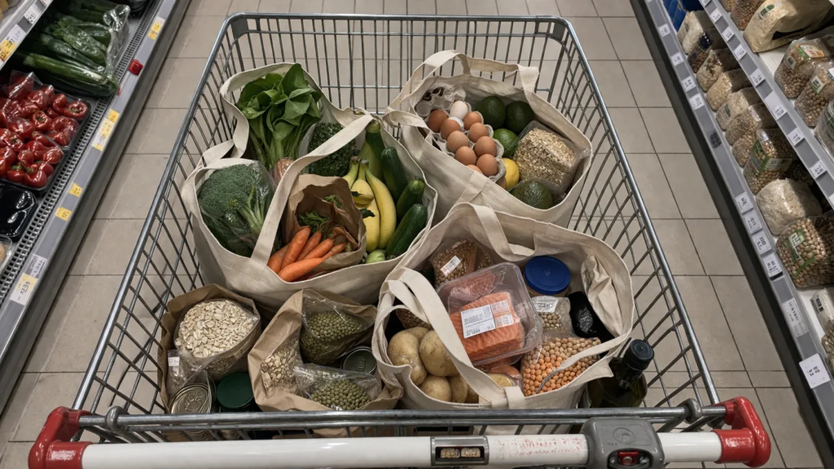 Chariot de courses rempli de produits frais dans un supermarché