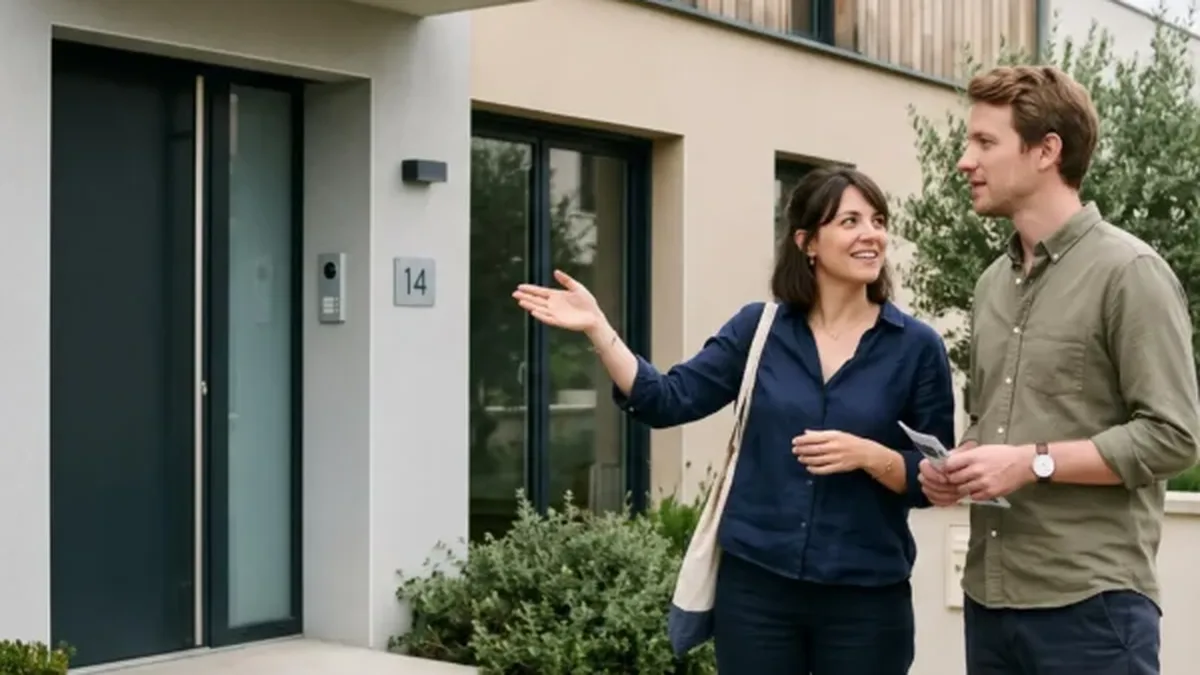 Un couple de jeunes parents visite un bien immobilier