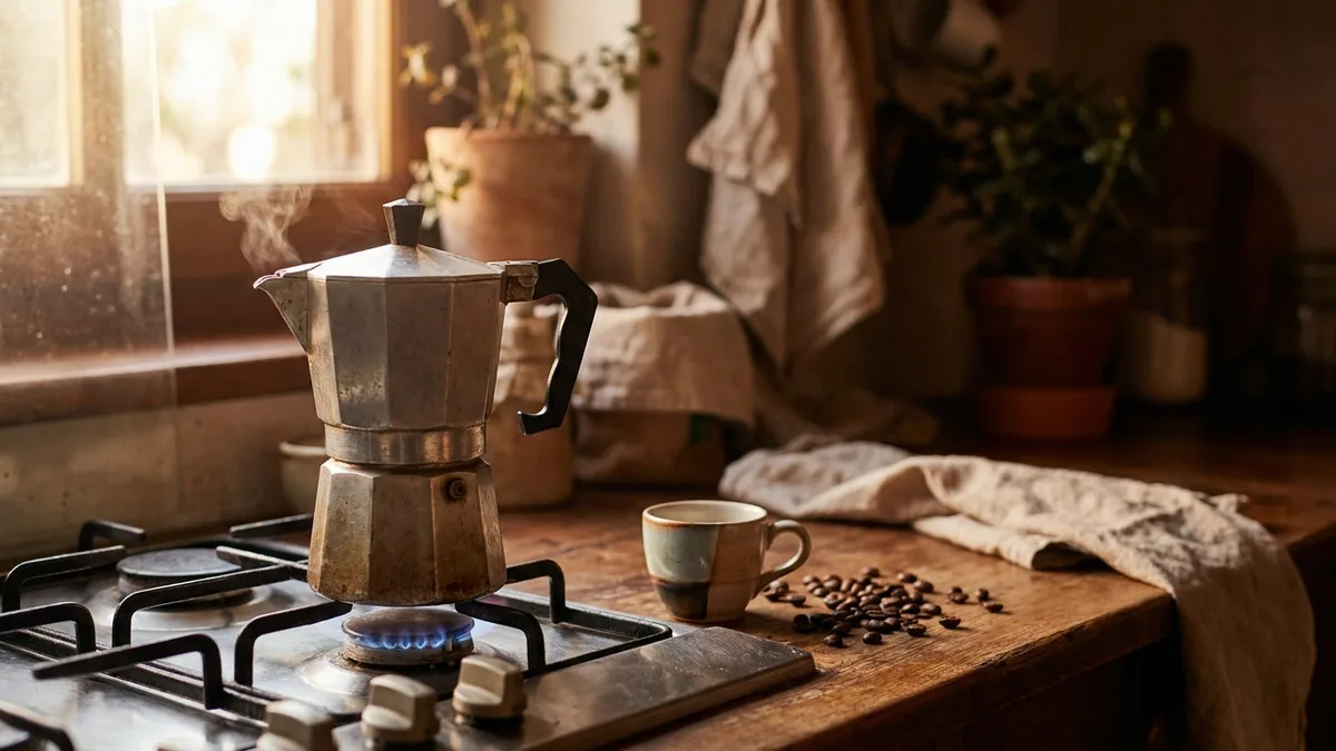 Cafetière italienne sur une cuisinière à gaz, tasse et grains de café posés à côté