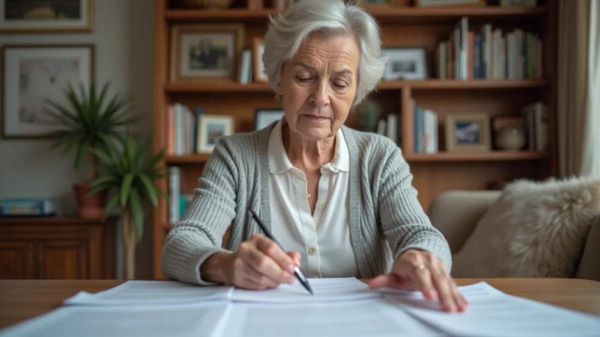 Une retraitée examine ses relevés de pension à la lumière de la lampe