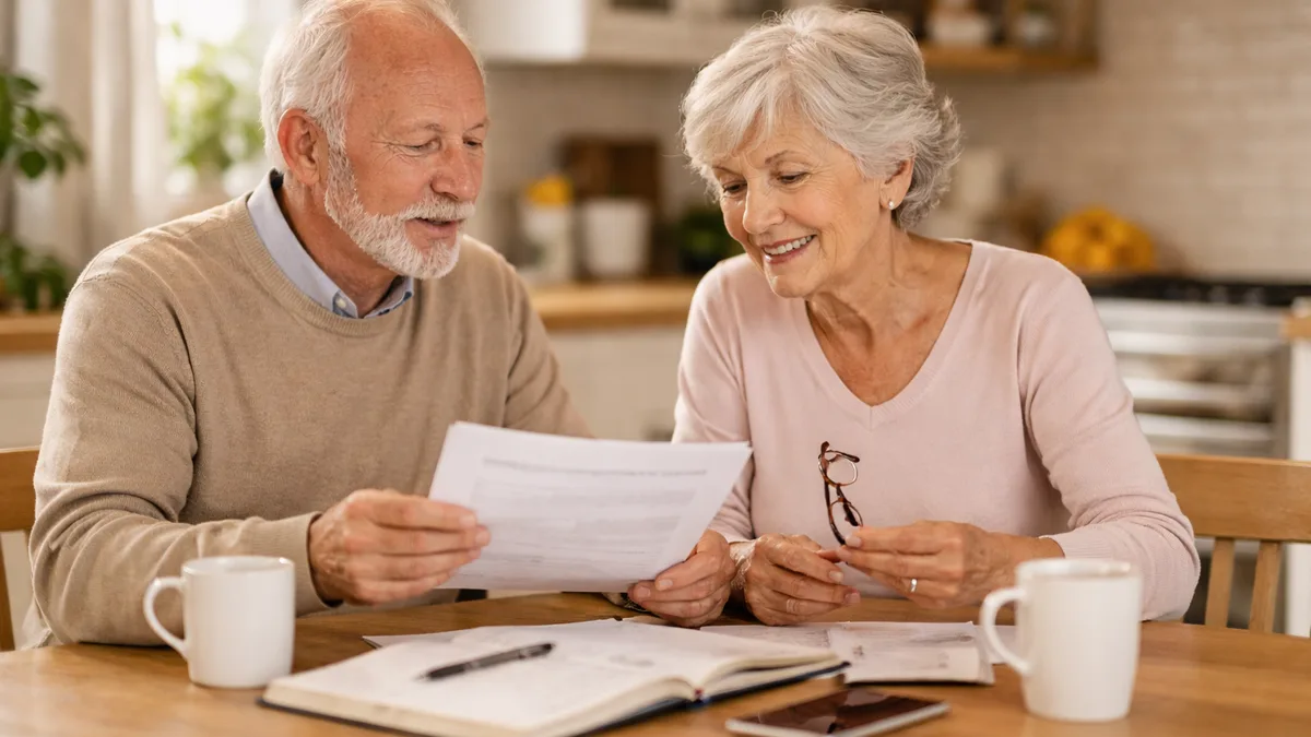 Un couple de seniors vérifie son avis d&rsquo;imposition à la table de la cuisine