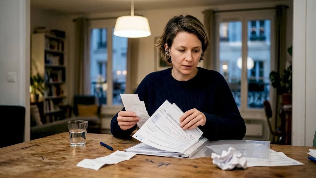 Une femme trie ses documents fiscaux à la table de sa cuisine