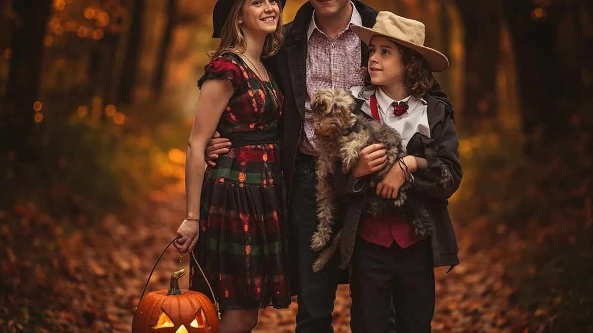 Une famille déguisée pour Halloween dans une forêt aux couleurs d&rsquo;automne